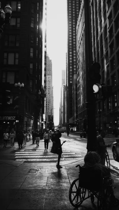 Backlit black-and-white city street crossing